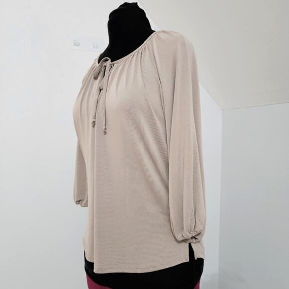 Monica M Taupe Raglan Sleeve Keyhole Tie Front Lightweight Top Medium Minimal - Picture 4 of 10